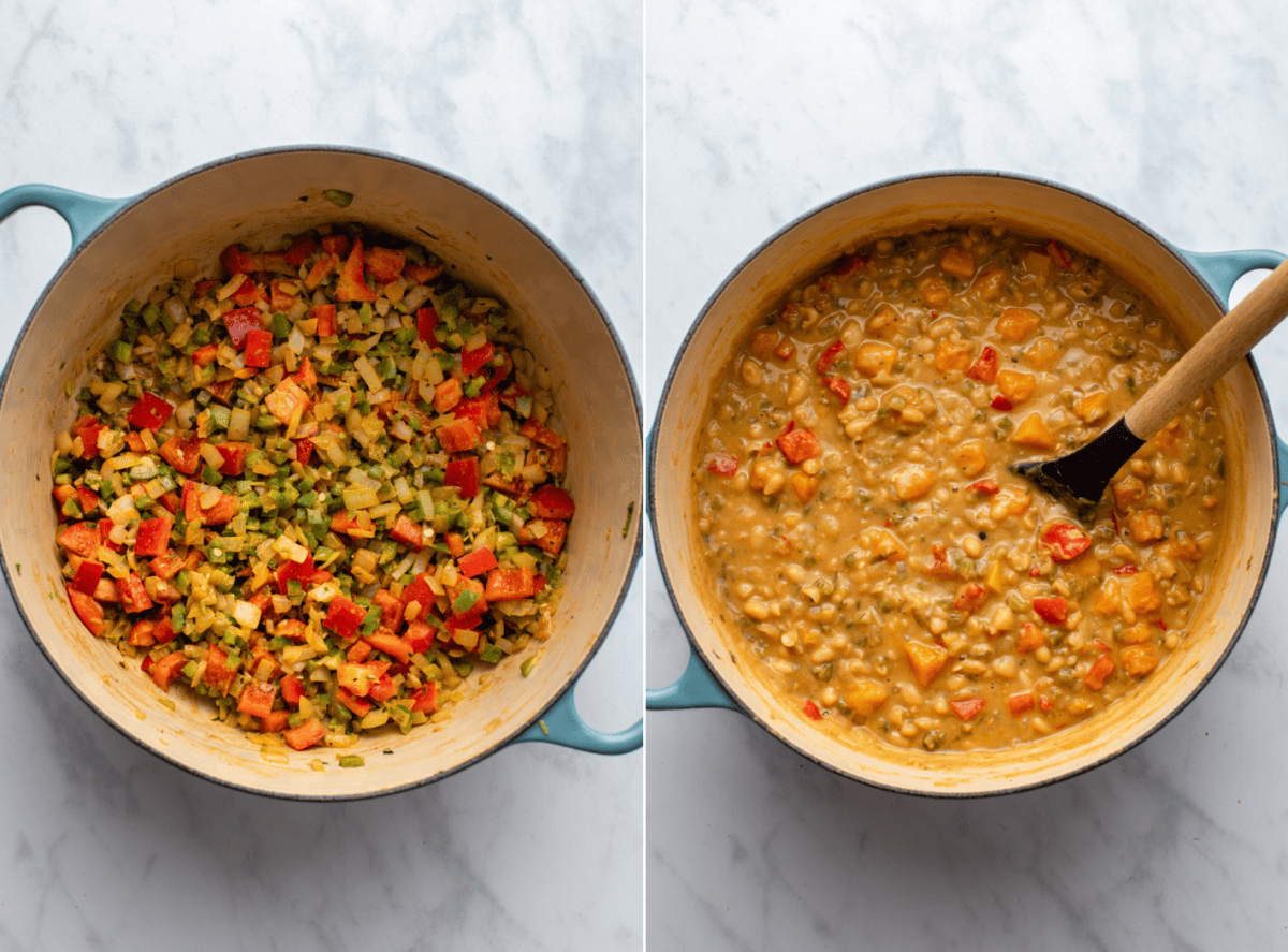 side-by-side images of the butternut squash white bean chili in a pan before and after simmering