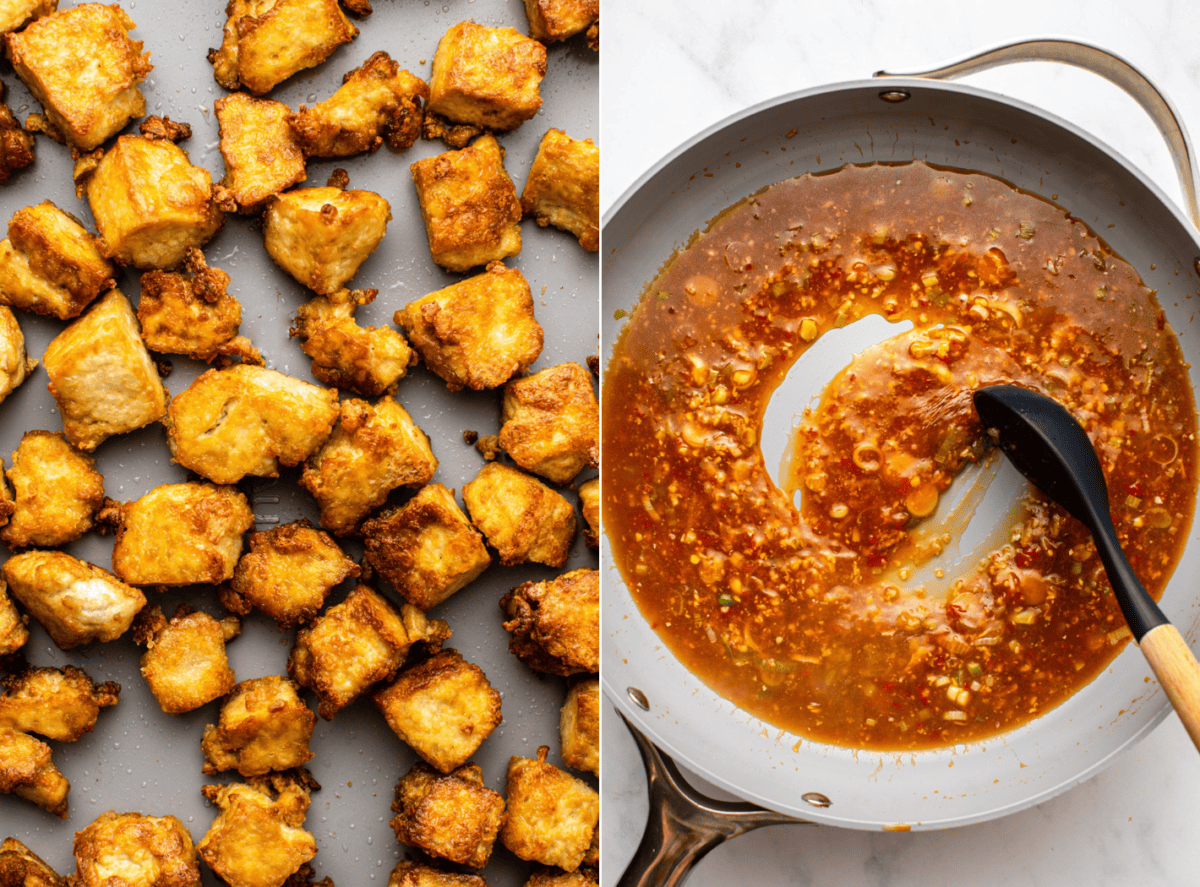 side-by-side images of general tsos tofu with the image on the left showing baked tofu and the image on the right showing general tso's sauce