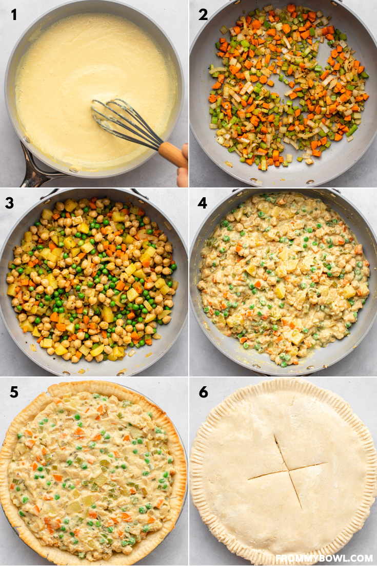 six images side by side showing the cooking process of the pie with a gray pan and ingredients cooking