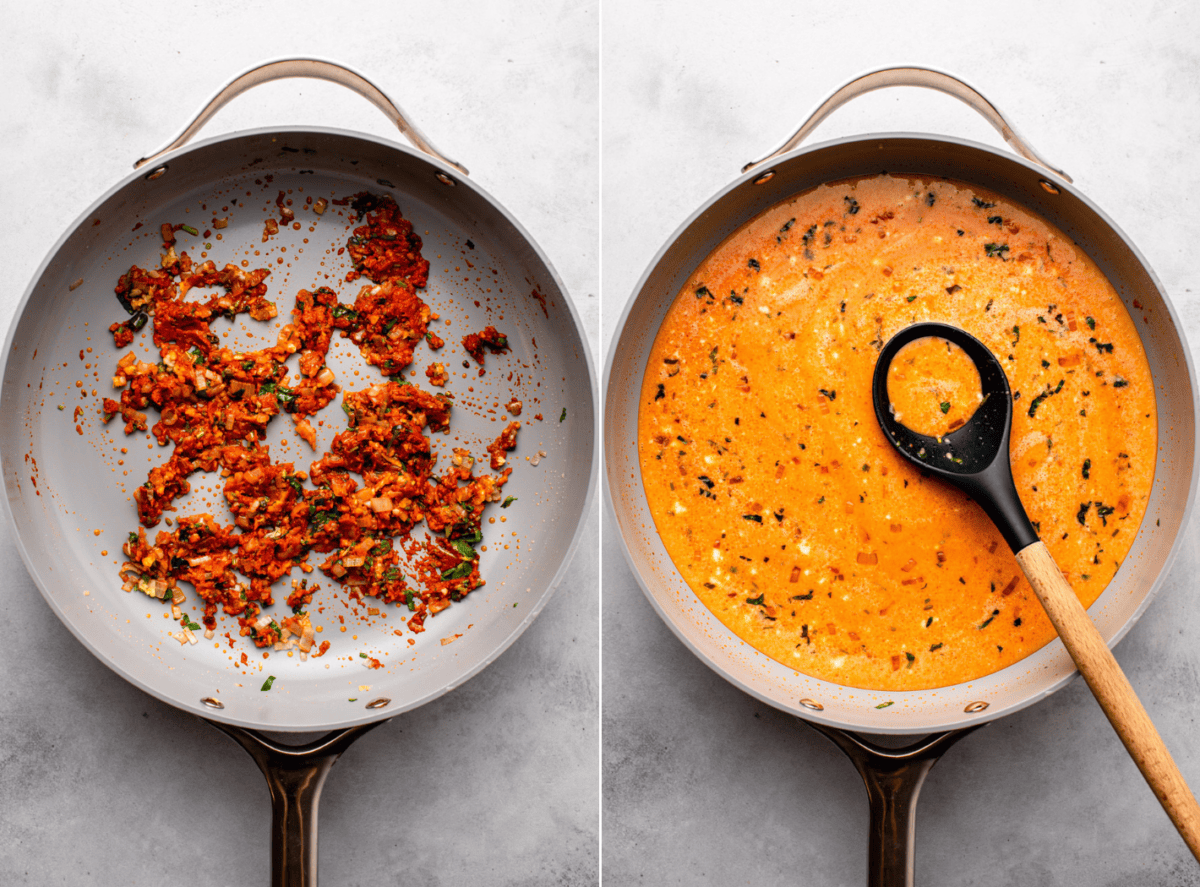 side-by-side images of pumpkin curry with the image on the left showing the sauteéd aromatics and the image on the right showing wet ingredients into the mixture