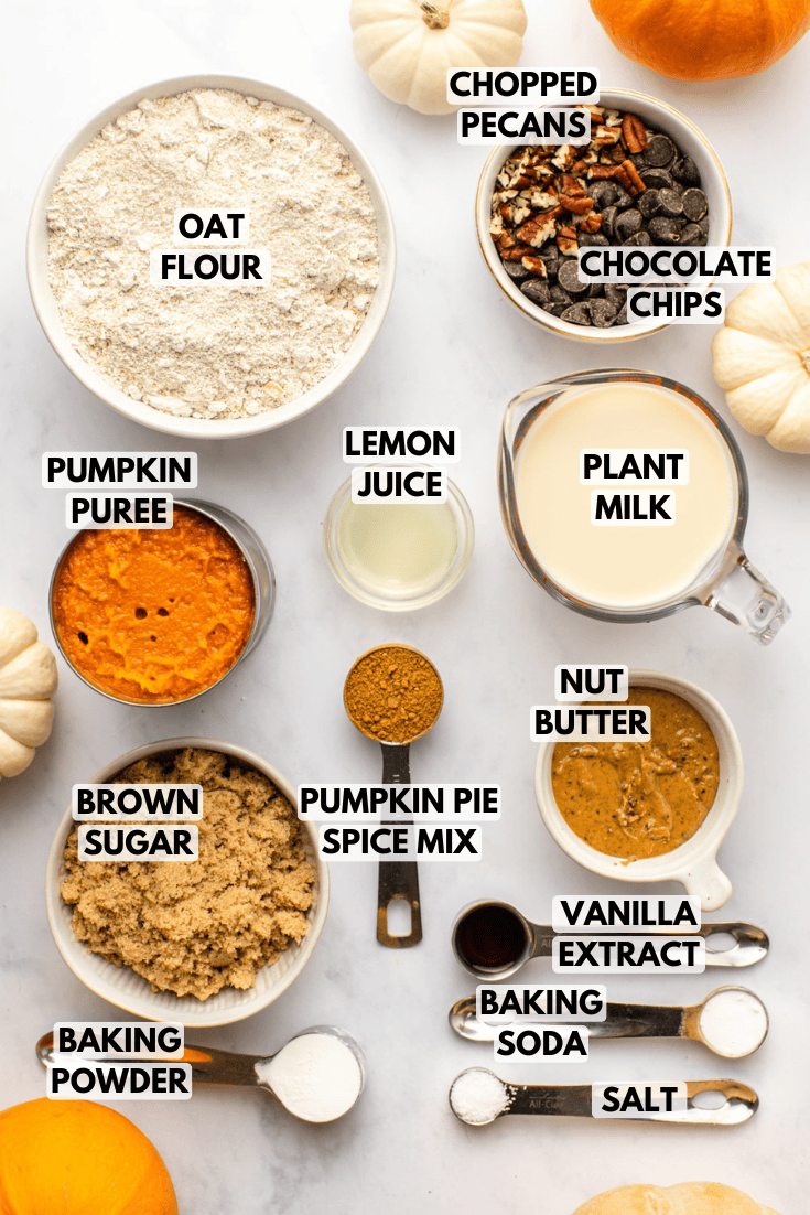 ingredients for the pumpkin muffins laid out on a marble kitchen countertop