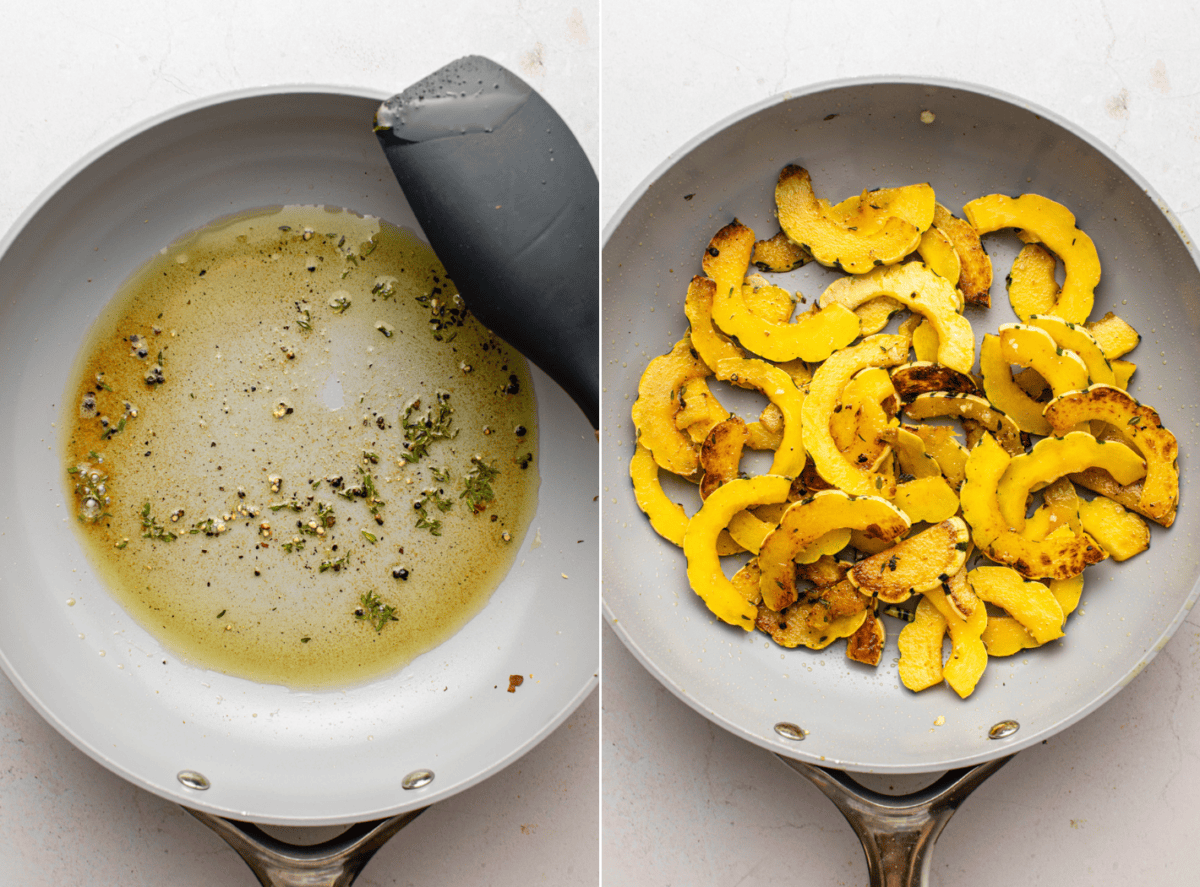 side-by-side images of the pan with the image on the left showing infused oil and the image on the right showing sauteed delicata squash