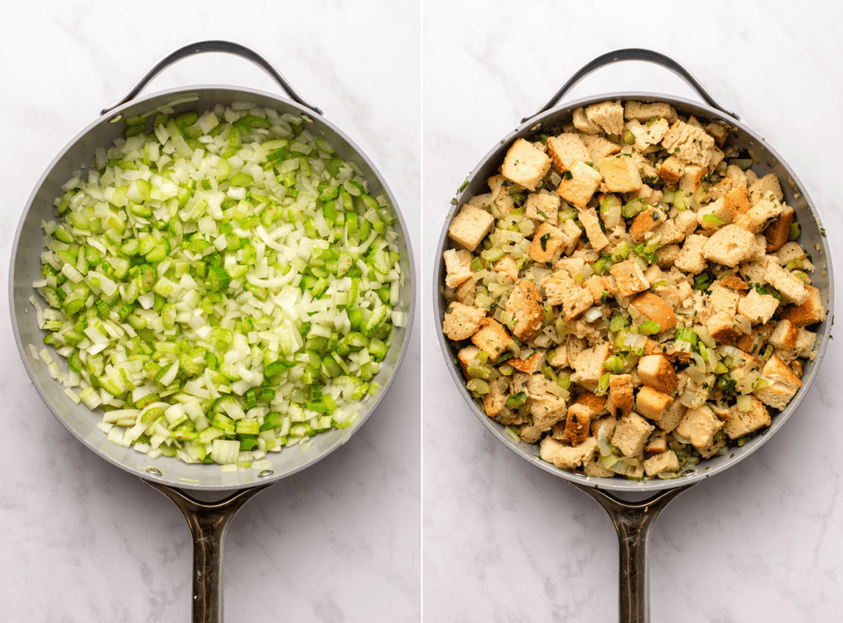 side-by-side images of the stuffing on a pan before and after the bread is incorporated