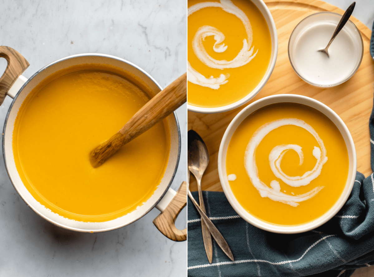 side-by-side images of butternut squash soup
