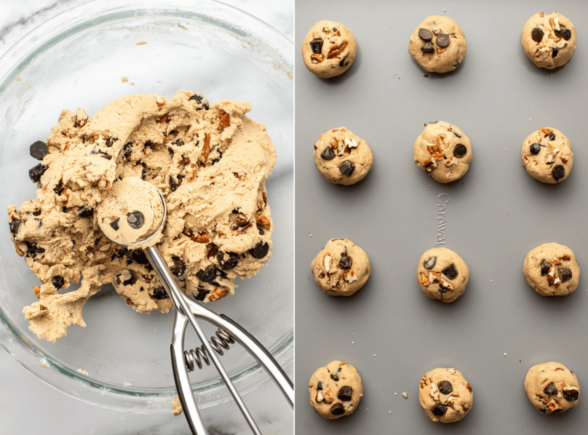 side-by-side images of the cookies being scooped out of a bowl and placed on a baking tray