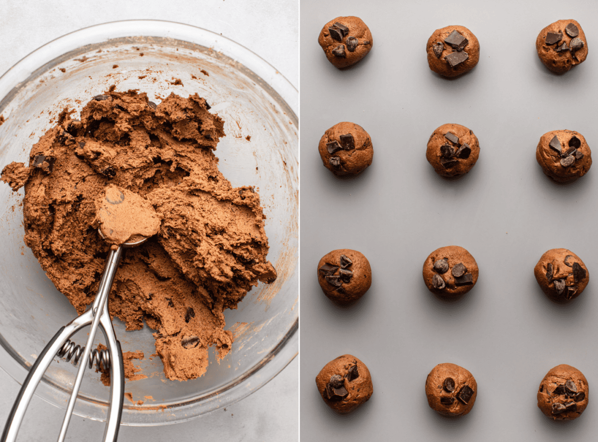 side-by-side images of the baking process of hot cocoa cookies with the image on the left showing the cookie dough and the image on the right showing dough balls placed on a baking tray