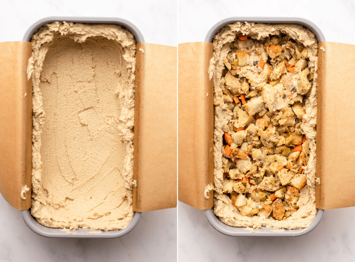 side-by-side images of the tofu loaf before and after its filled with stuffing