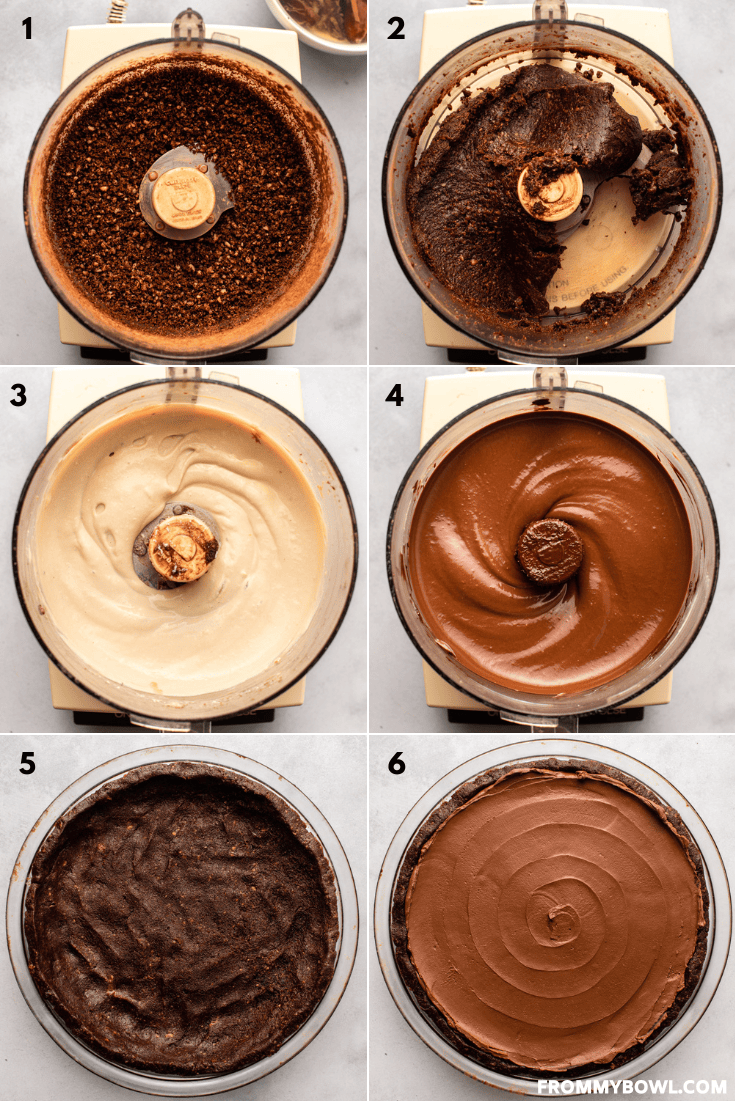 a collage of six images showcasing the preparation process of vegan chocolate pie
