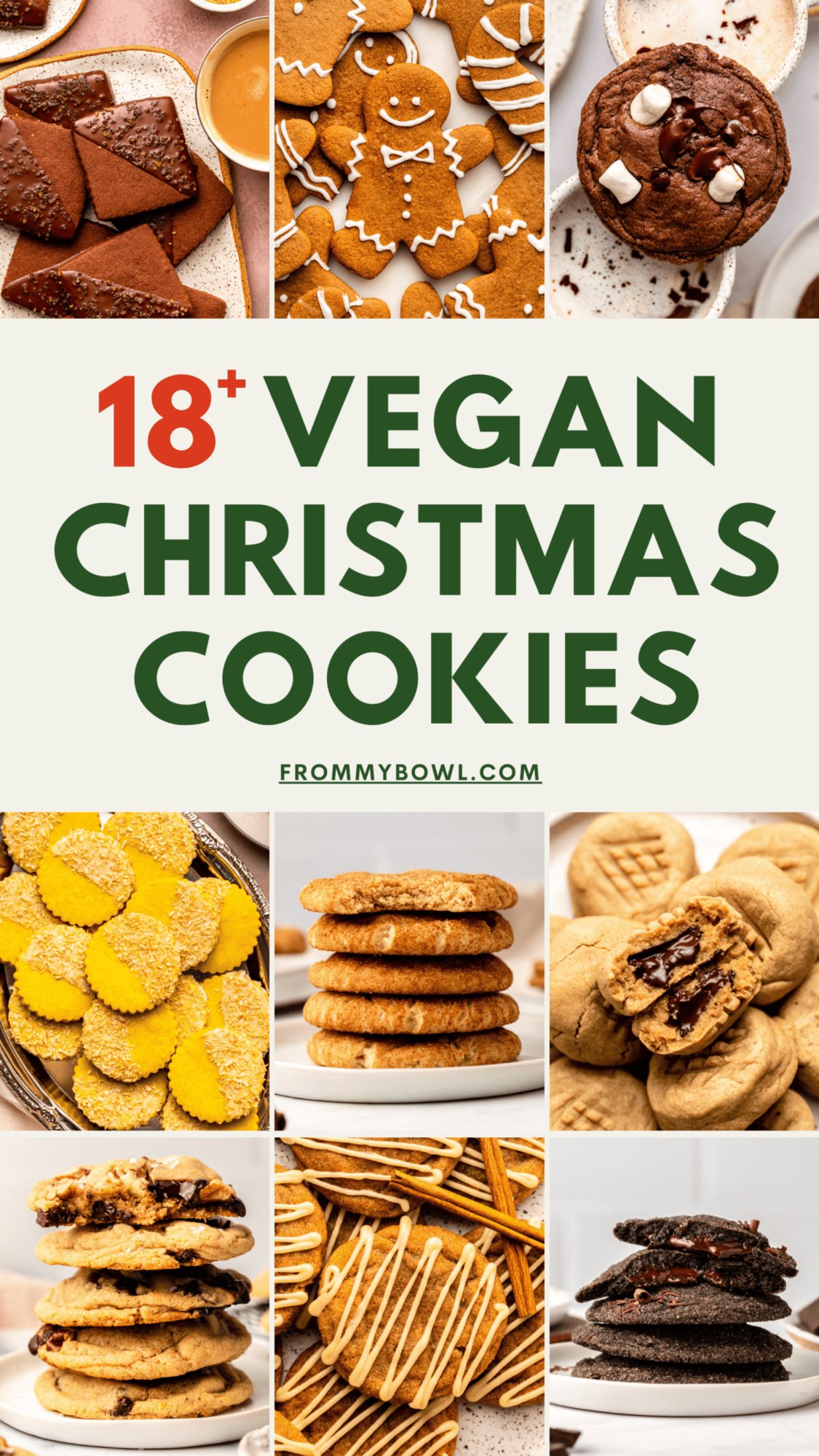 Collage of different cookie photos with text saying "18 Vegan Christmas Cookies"