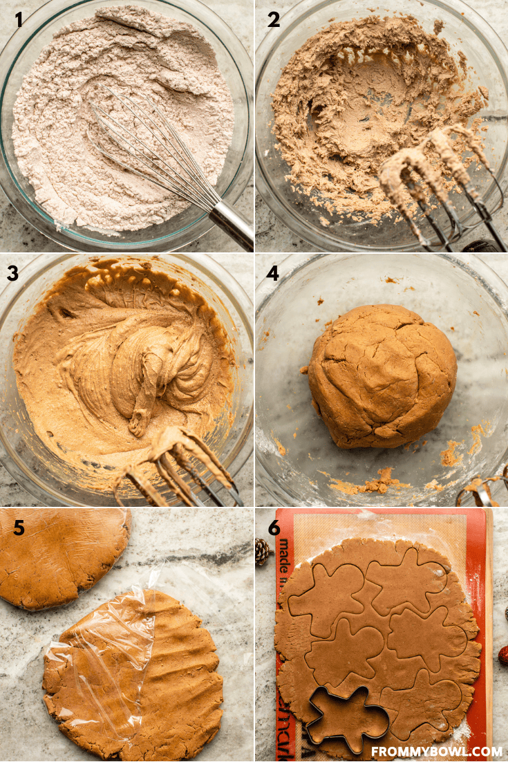 a collage of six images showing the preparation of the cookie dough