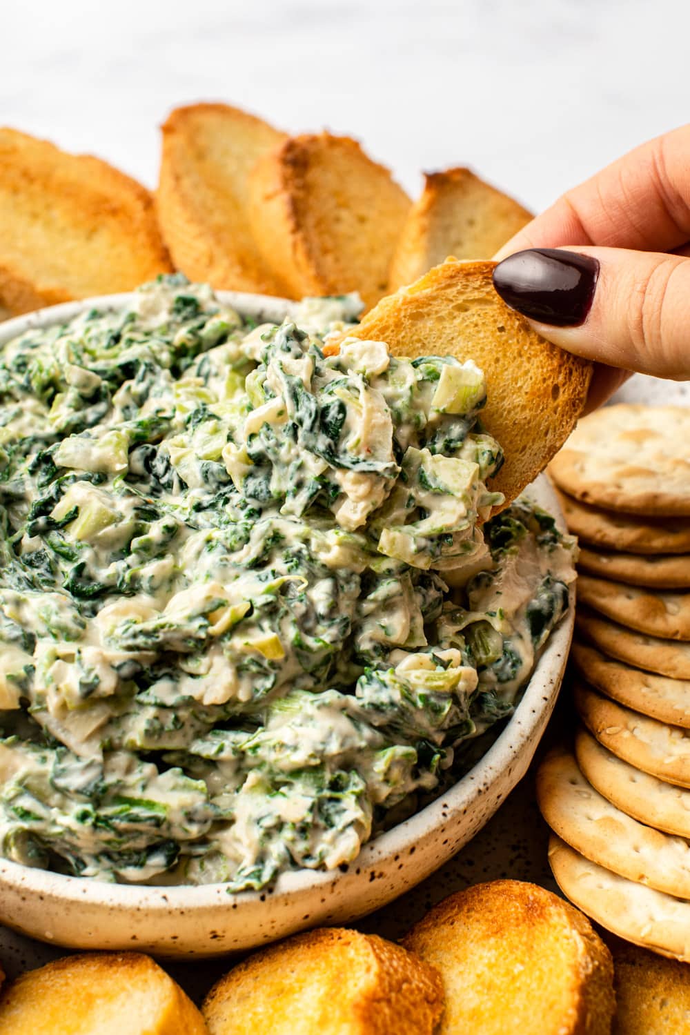 vegan spinach dip served in a white bowl with crackers and toasted crostini, with a crostini scooping up a portion