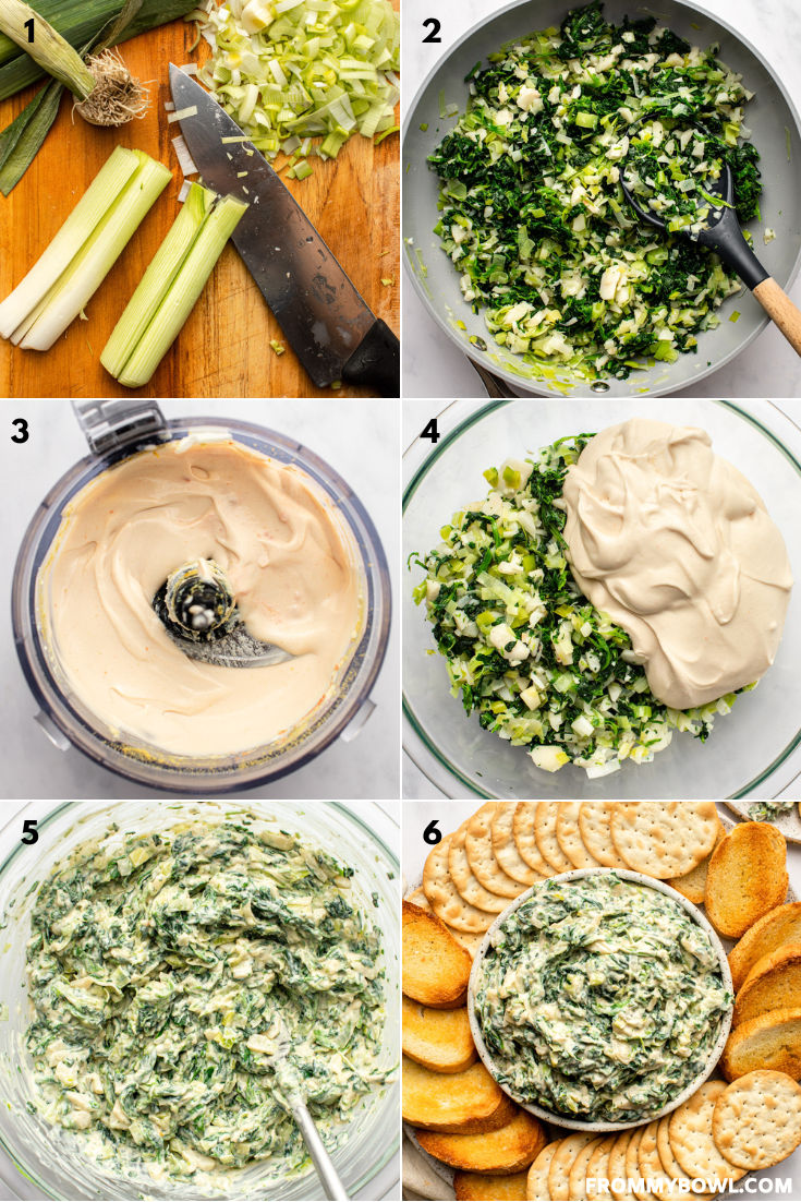 a six image collage showing the preparation process of the vegan spinach dip