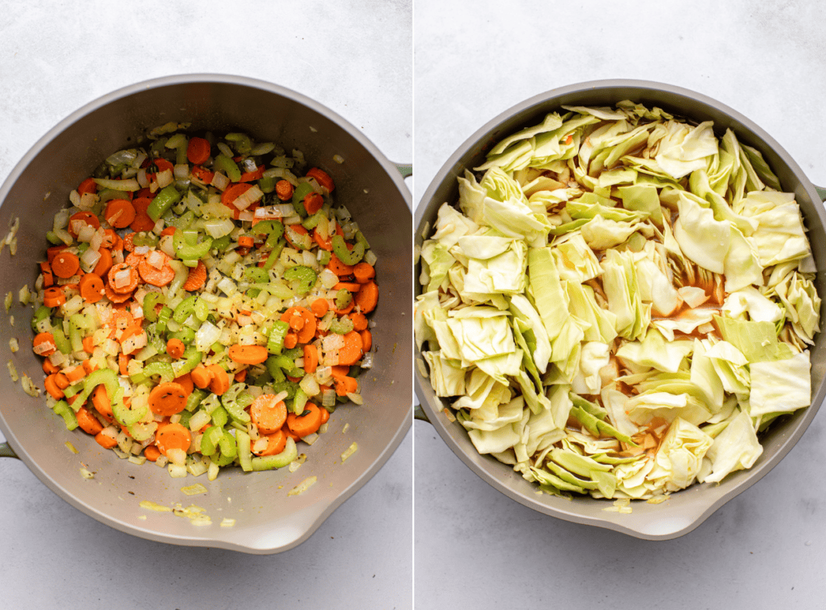 side-by-side images of the soup with the image on the left showing the mirepoix cooking in a large pot and the image on the right showing all vegetables added to the pan