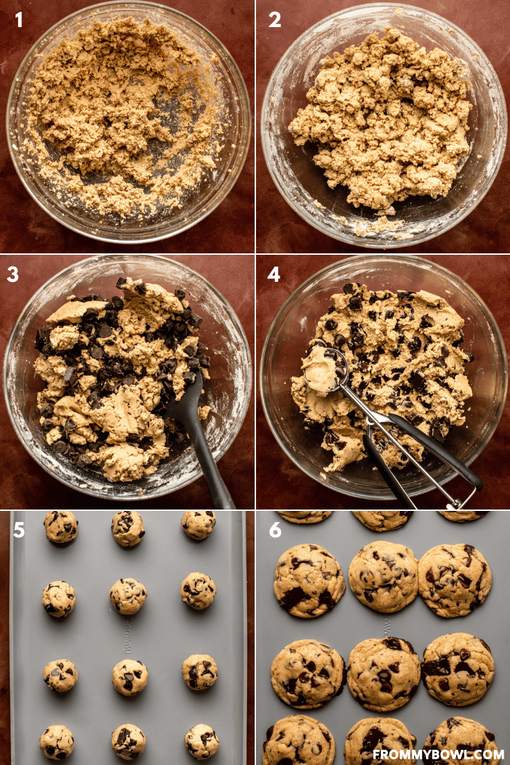 a collage of six images to showcase the preparation process of the cookie dough
