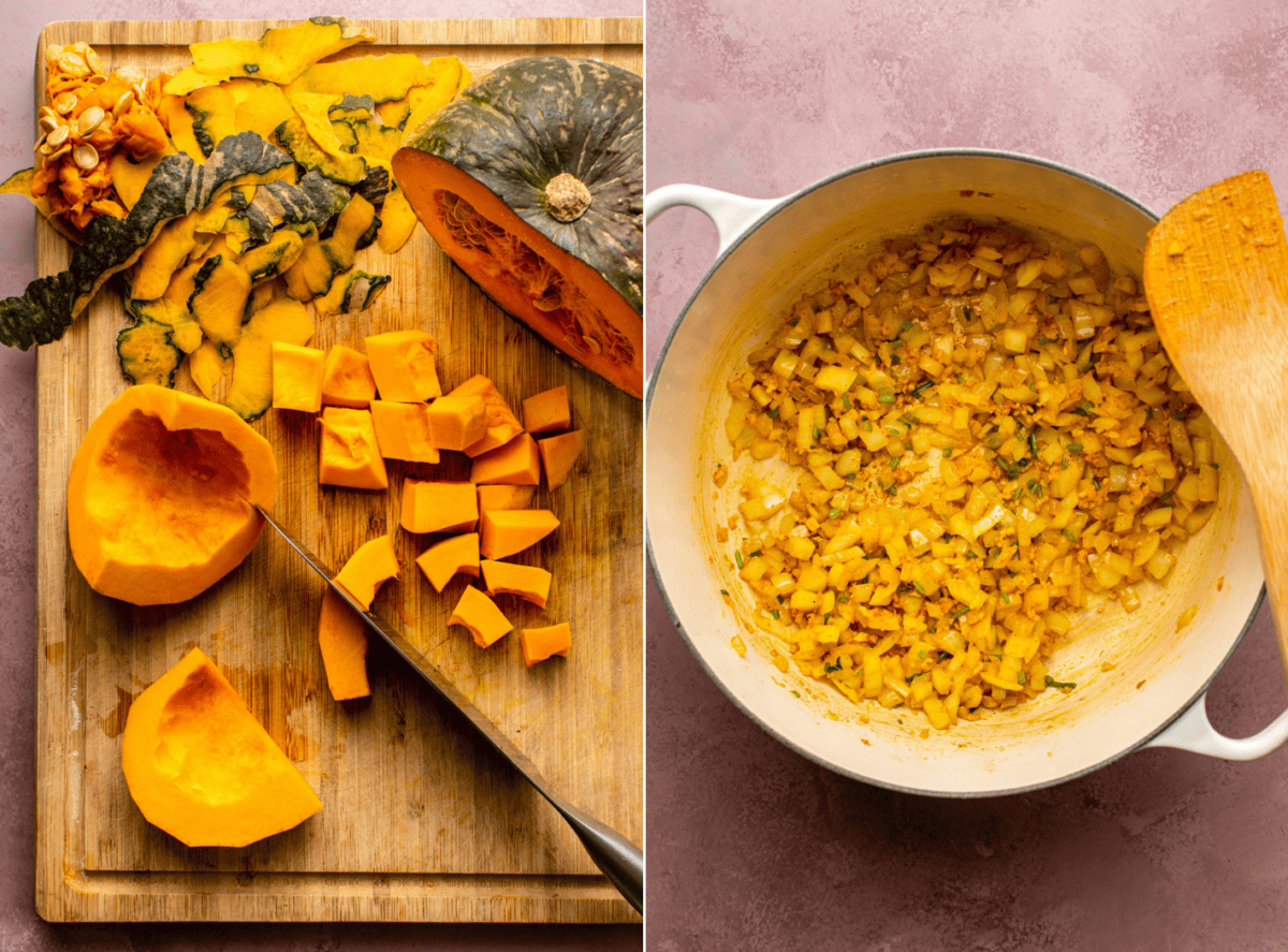 side-by-side images of the cooking process of kabocha squash soup with the image on the left showing the diced kabocha squash and the image on the right showing aromatics and kabosha squash sauteéd in a pot