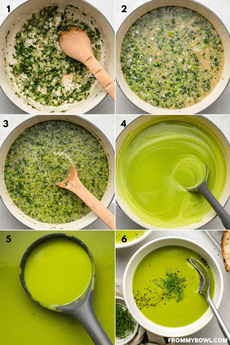a grid of six images showcasing the cooking process of green pea soup