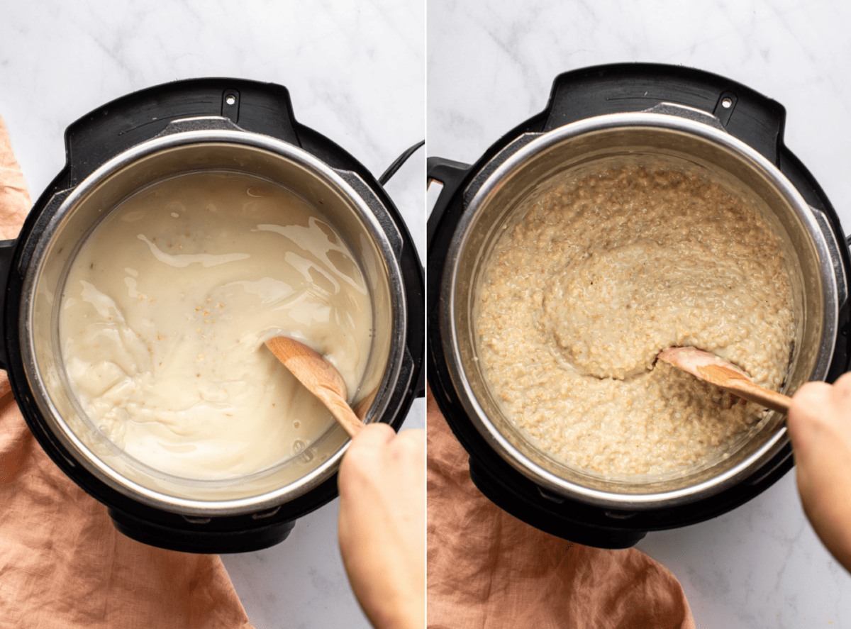 side-by-side images of the cooking process of steel cut oats in the instant pot