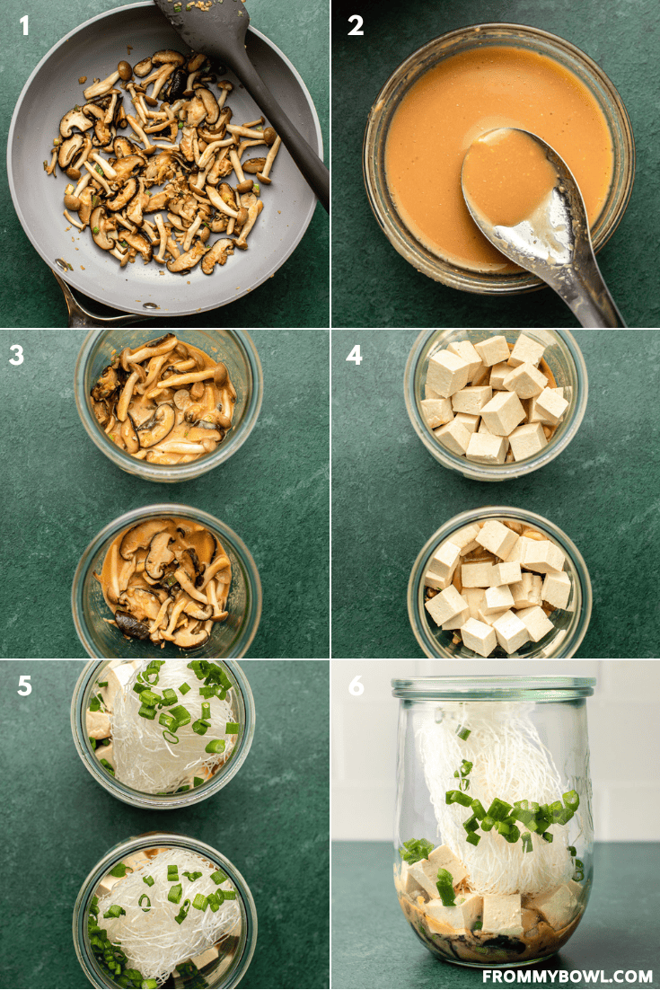 a grid of six images showcasing the preparation process of rice noodle soup