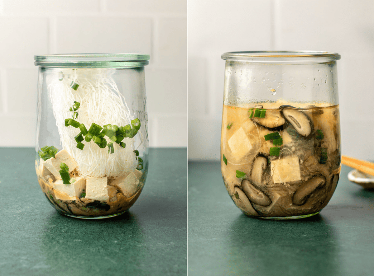 side-by-side images of the rice noodle soup in a jar before and after it's cooked