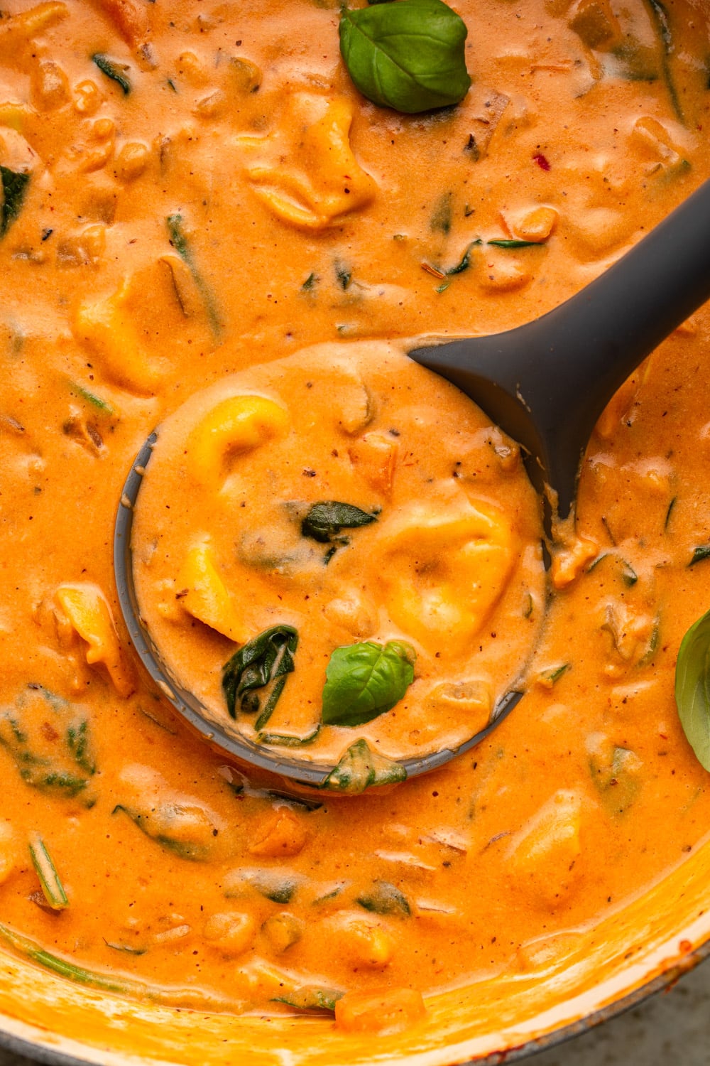a zoomed in image of the vegan tortellini soup showing its texture