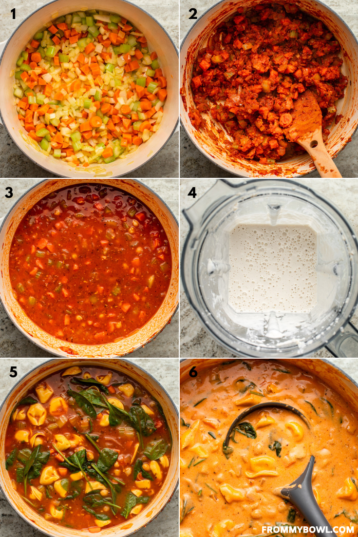 a grid of six images showing the below described cooking process of vegan tortellini soup with ingredients being slowly added to the pot