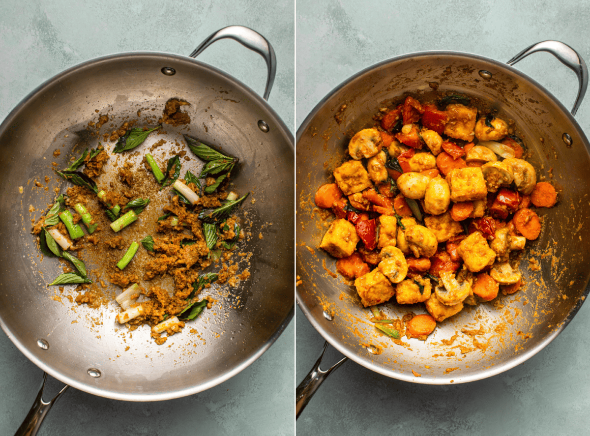 side-by-side images of the wok showing sautéed aromatics and the veggies before rice noodles are added