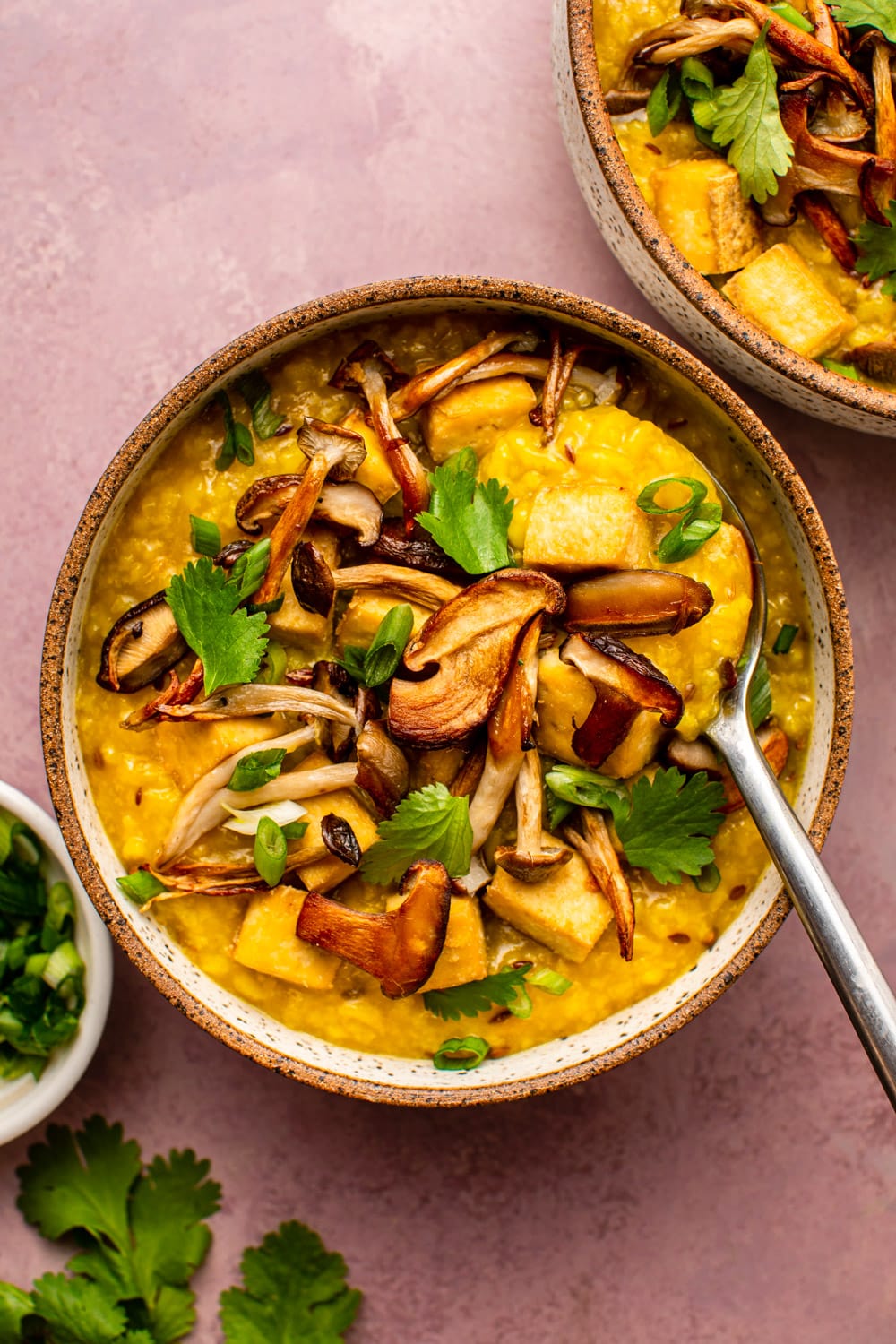 turmeric ginger congee served in a bowl and topped with fresh cilantro, crispy mushrooms, tofu and spring onions