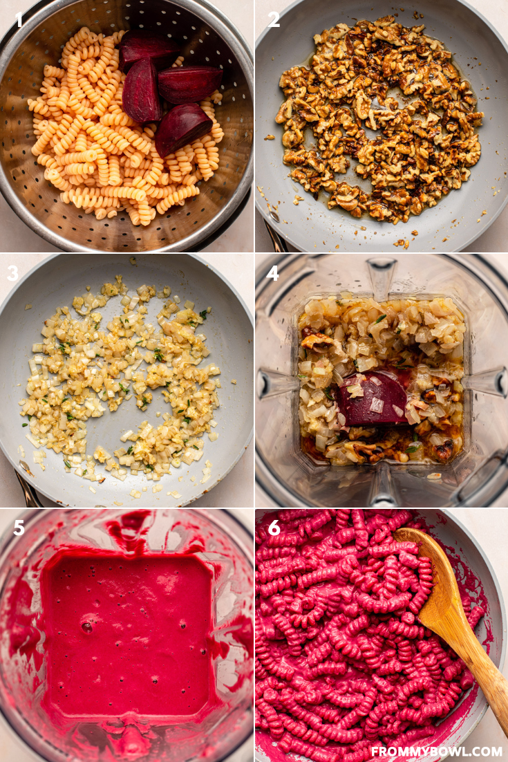 a collage of six images showing the below-described cooking process step-by-step