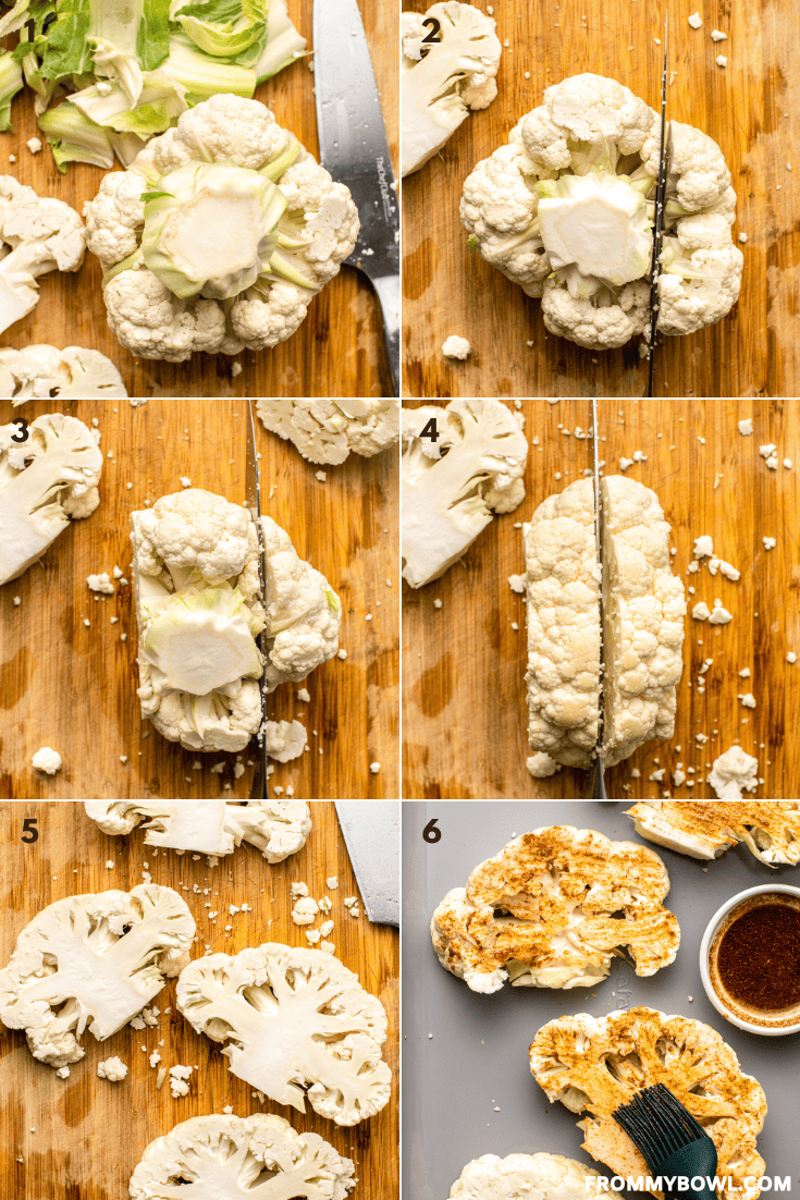a collage of six images showing the preparation process of cauliflower before it goes into the oven