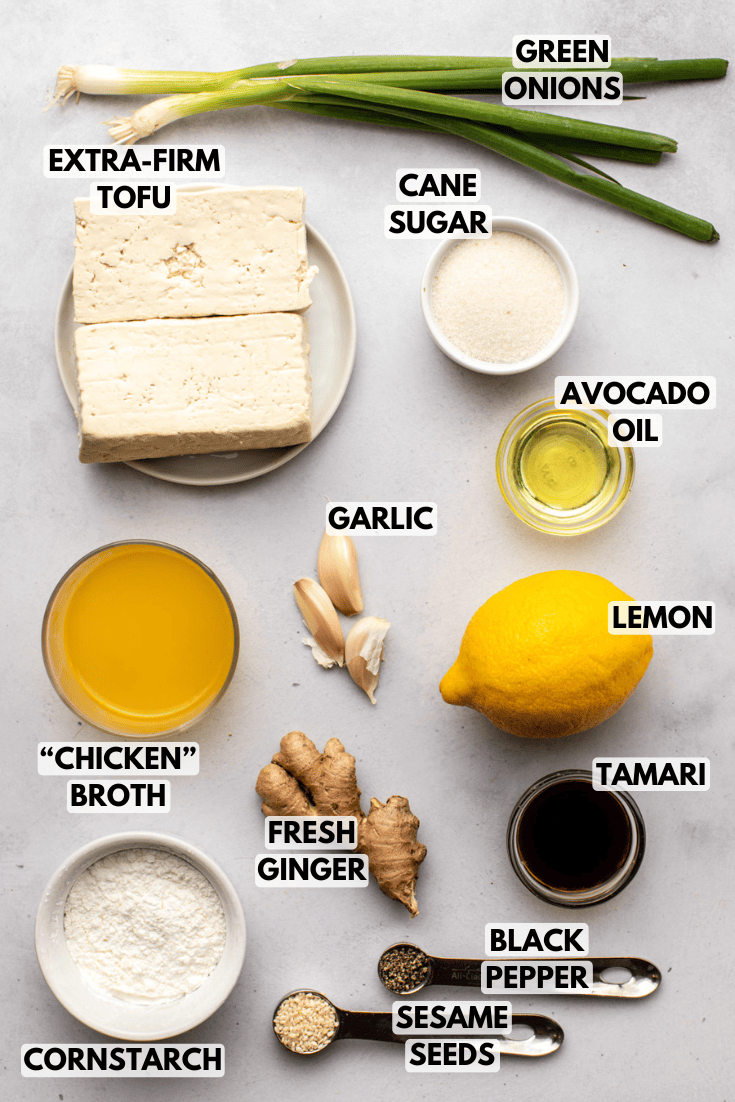ingredients for chinese lemon tofu laid out on a marble kitchen countertop