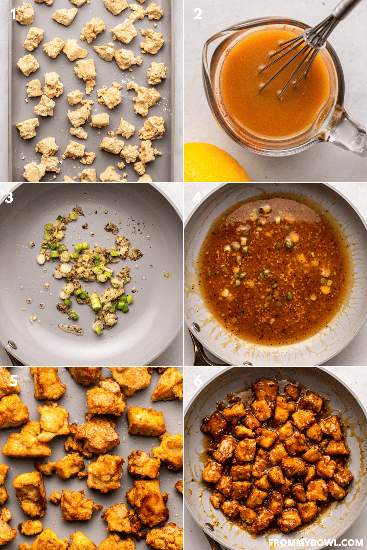 a collage of six images showing the below-described cooking process of chinese lemon tofu