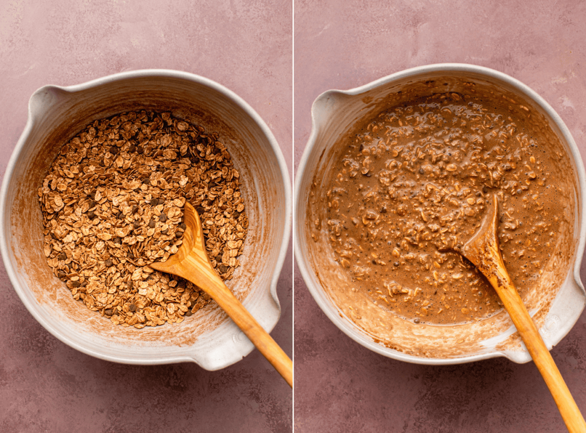 side-by-side images of overnight oats in a large bowl