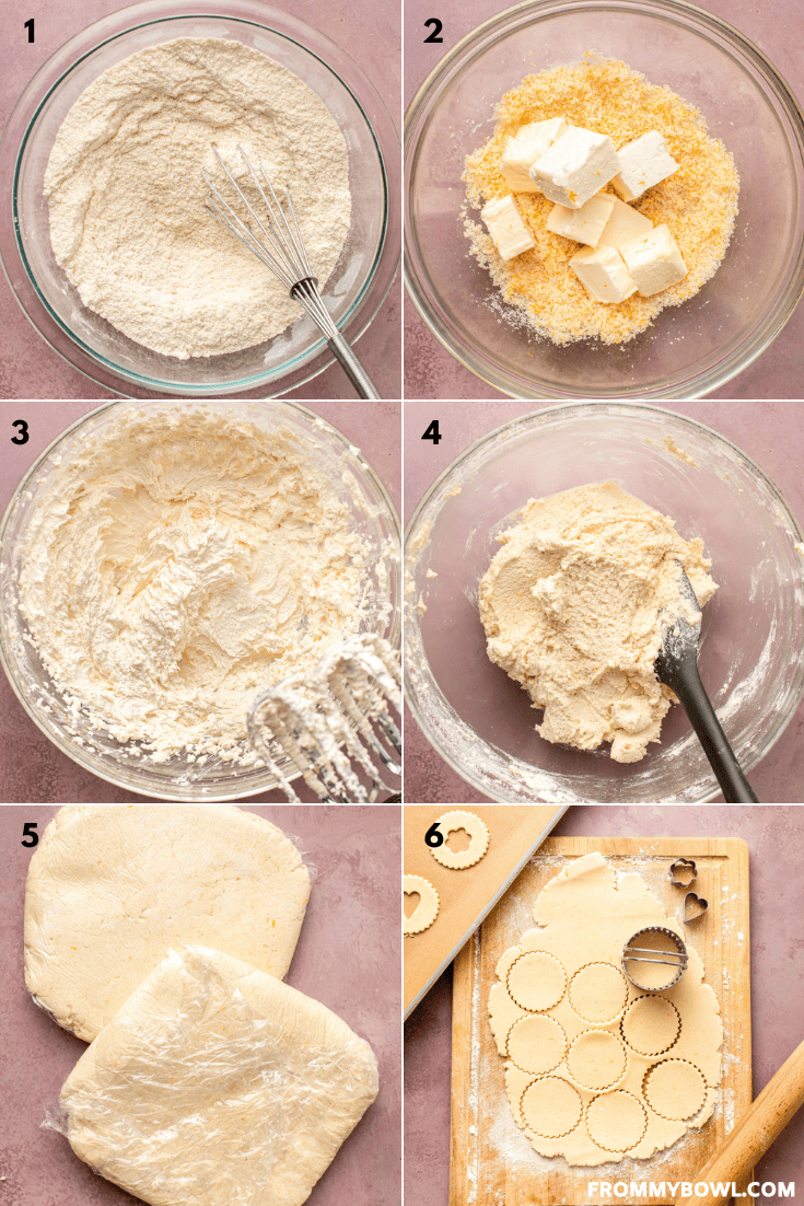 a collage of six images showing the preparation steps of the cookie dough