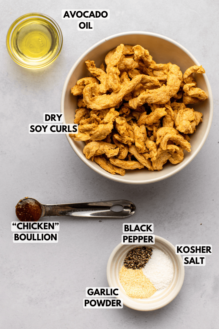 ingredients for soy curls laid out on a marble kitchen countertop