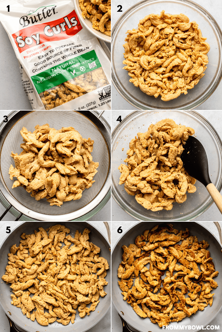 a collage of six images showing the cooking process of soy curls