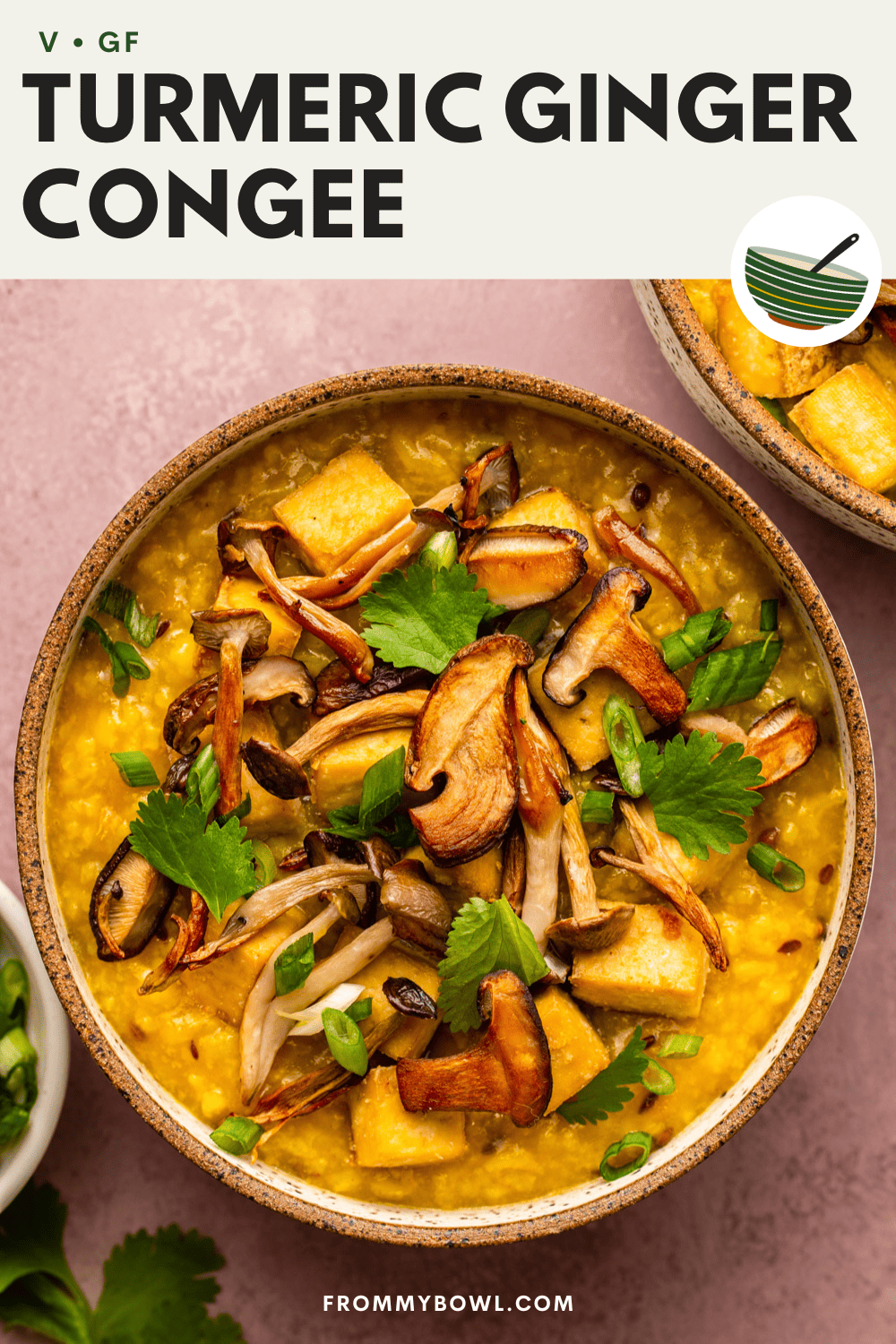 turmeric ginger congee served in a bowl and topped with fresh cilantro, crispy mushrooms, tofu and spring onions