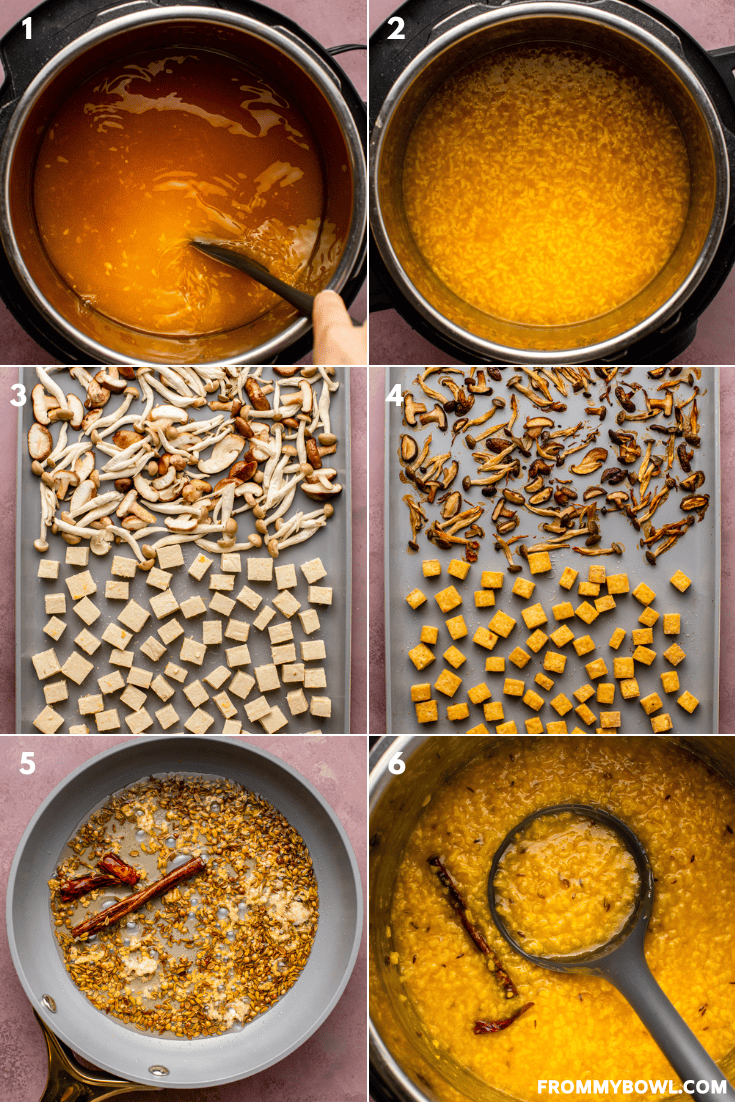 a collage of six images showing the below described cooking process step-by-step