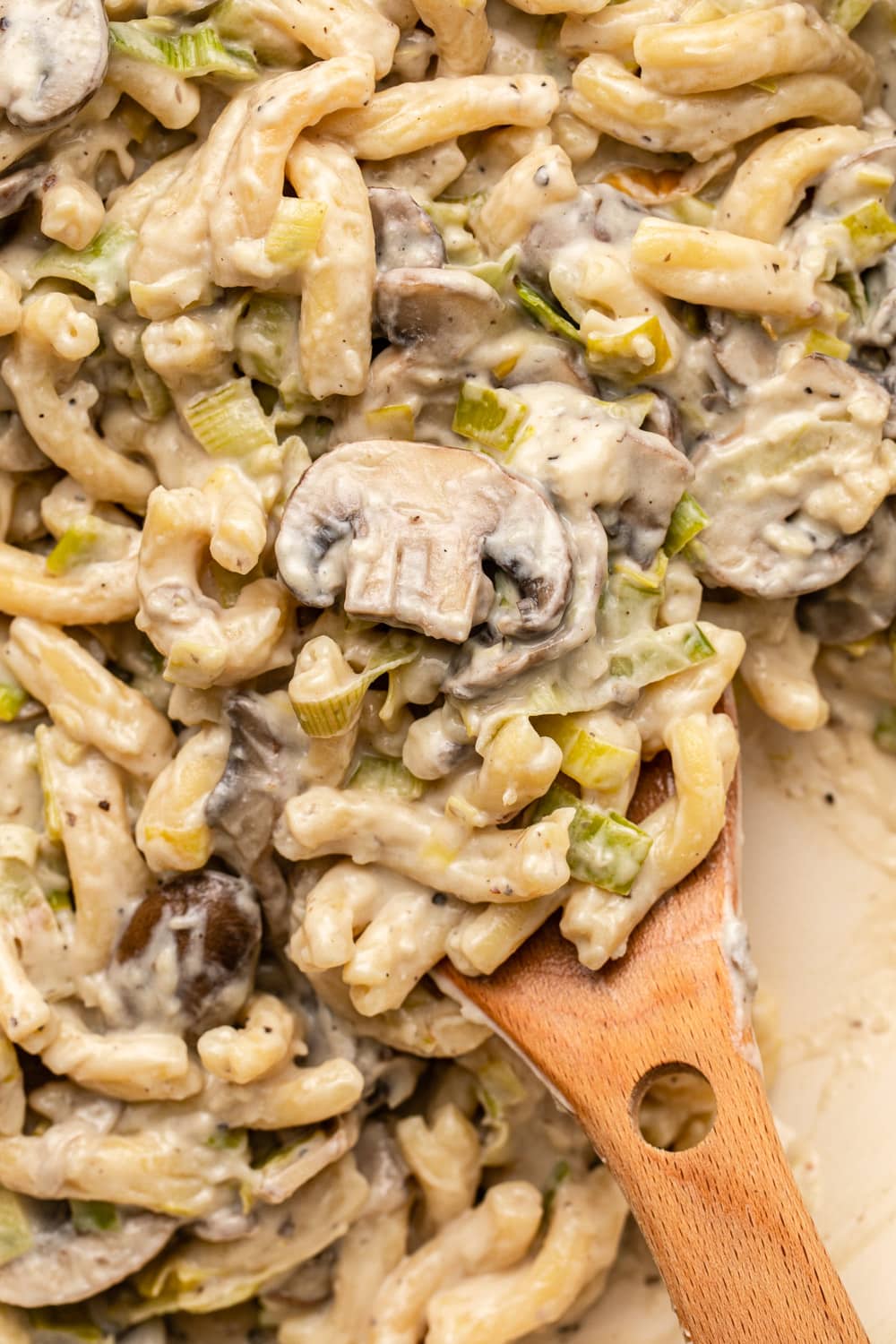 a zoomed in image of mushroom leek pasta showcasing its texture