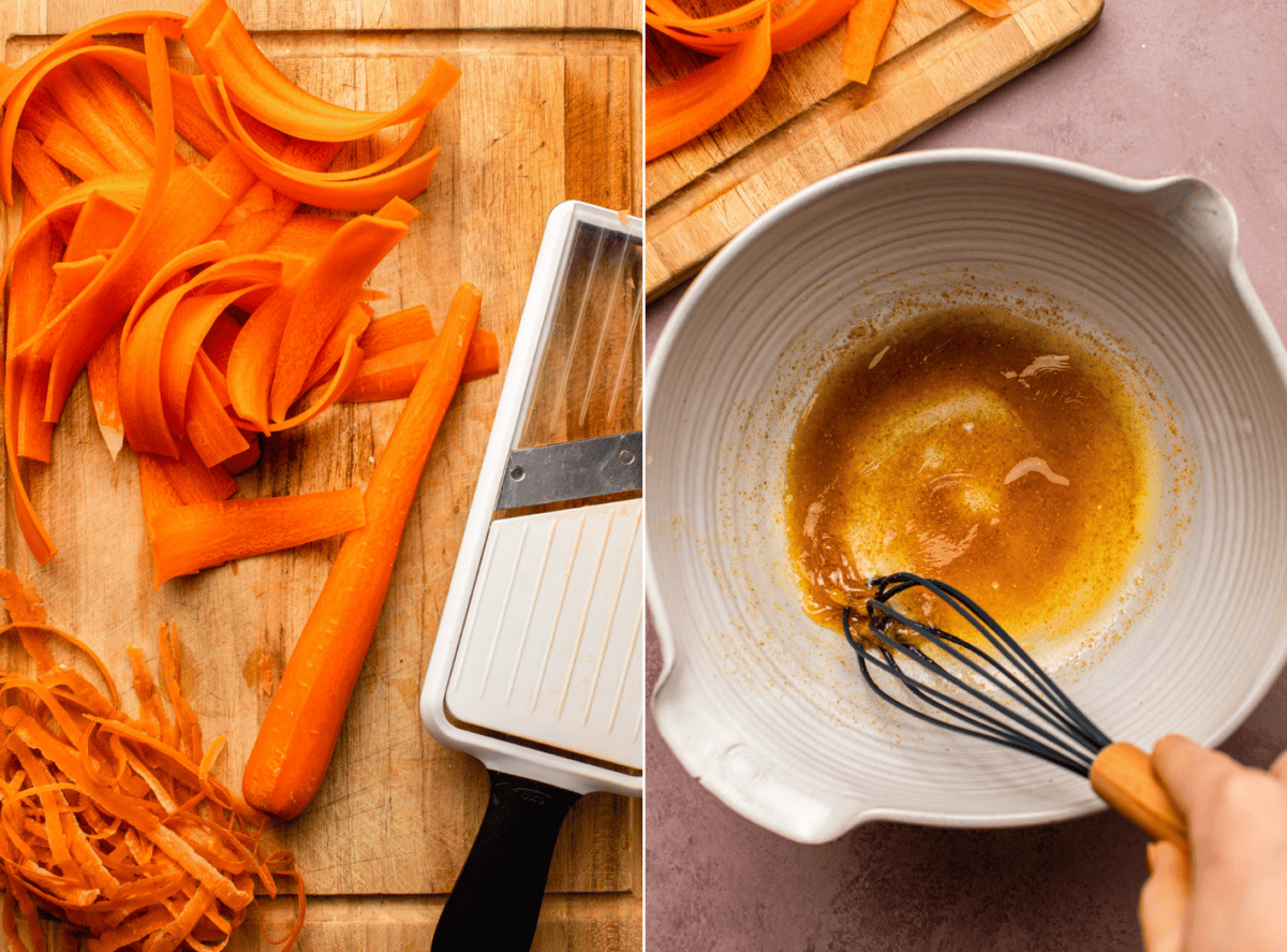a grid of two images showing sliced carrots and the tangy dressing