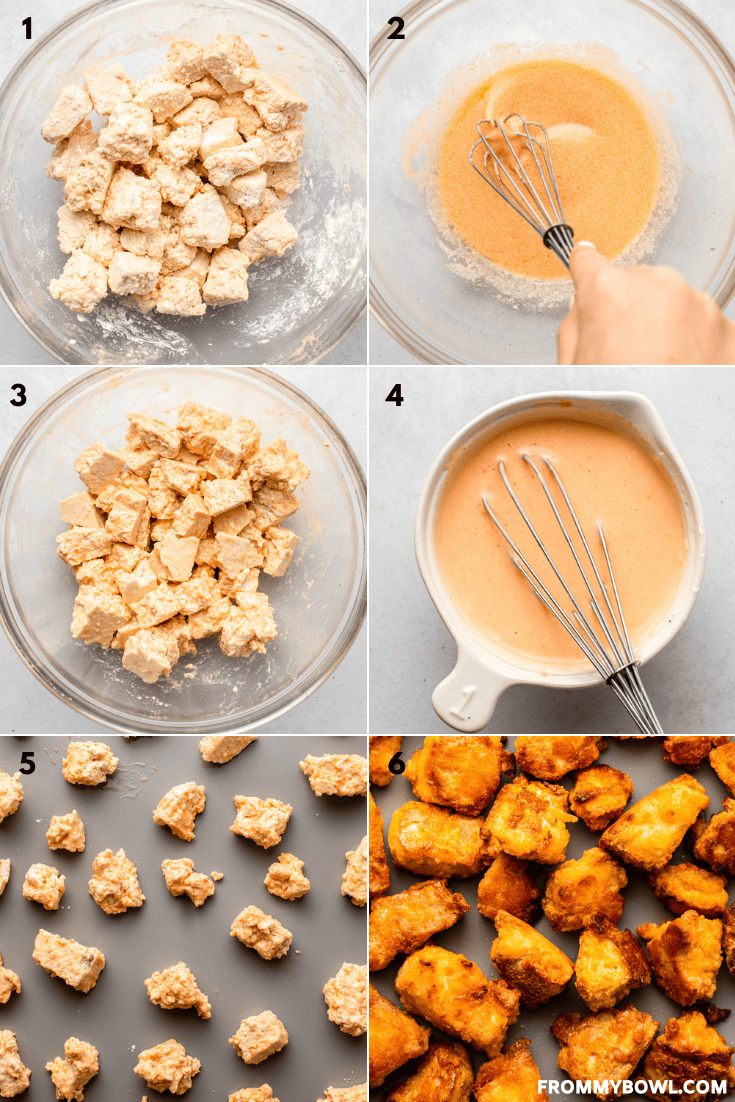 a collage of six images showing the below-described preparation process of crispy tofu bites