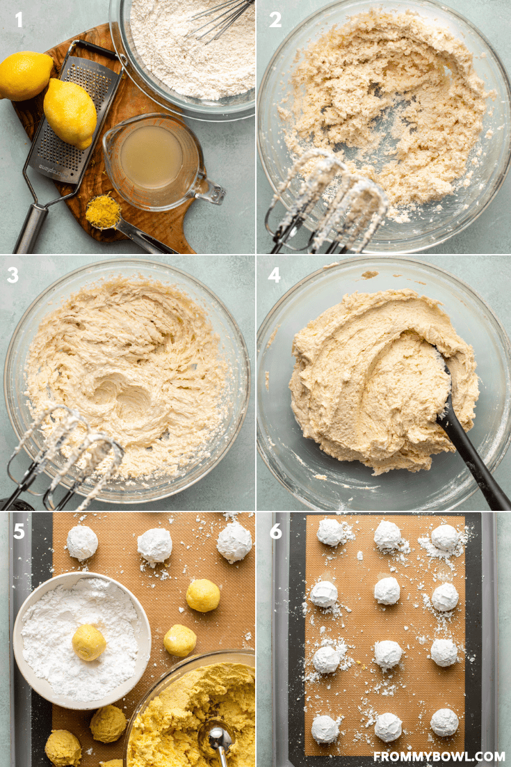 a grid of six images showing the below-described preparation process of the cookie dough