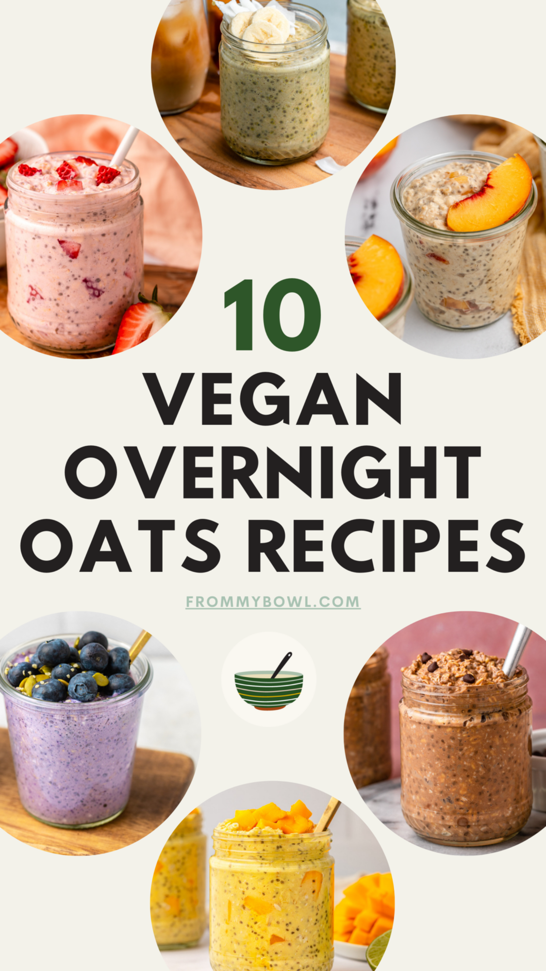 Six images of different overnight oat recipes on a white background with text saying 10 Vegan Overnight Oats Recipes 