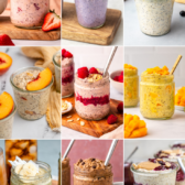 9 images of overnight oat recipes in glass jars