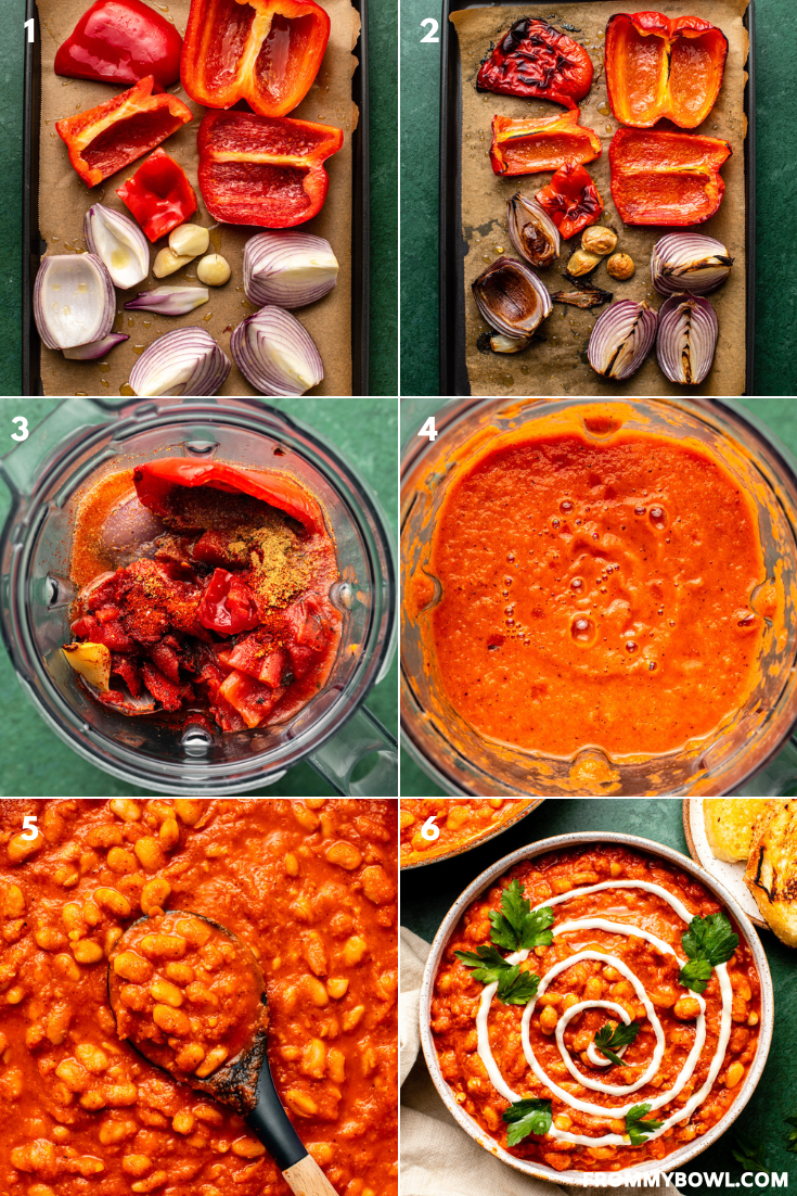 a grid of six images showing the below-described preparation process of beans