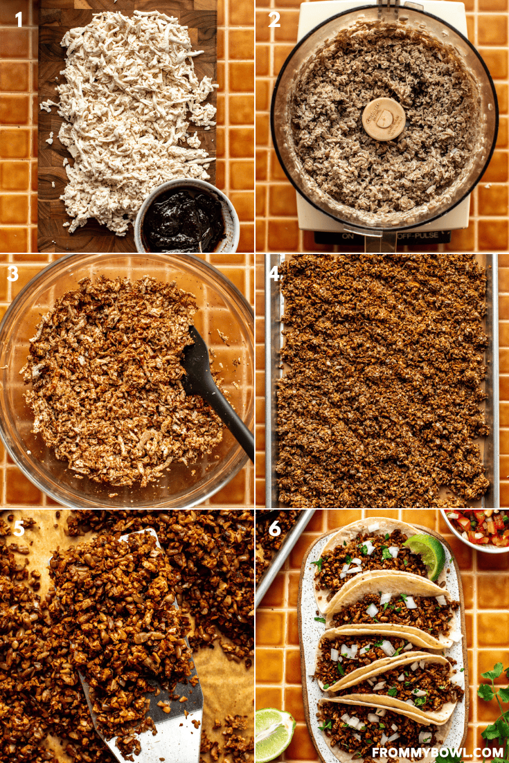 a grid of 6 images showing the below-described cooking process of vegan taco meat