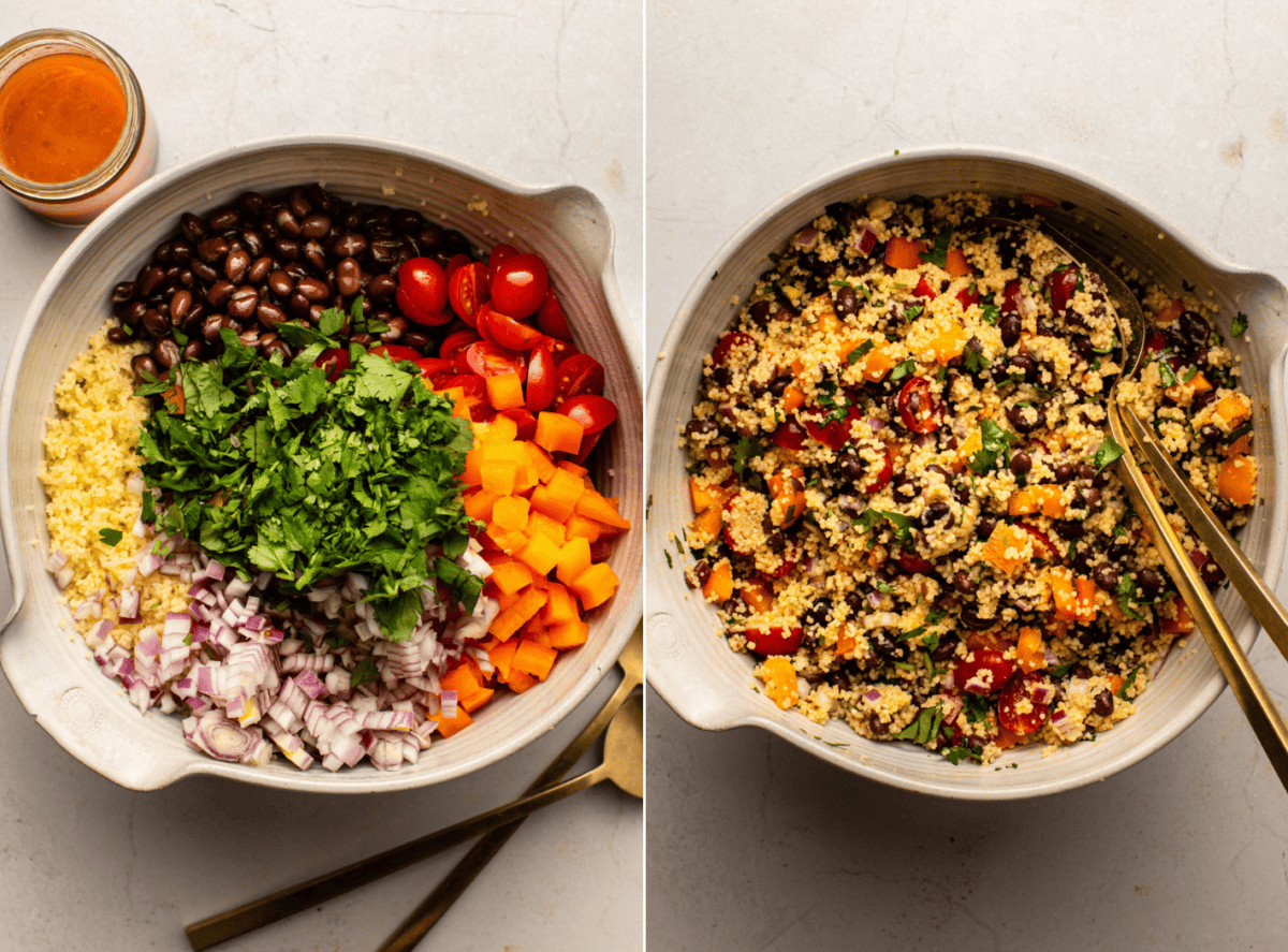 side-by-side images of black bean couscous salad showcasing the preparation process described below