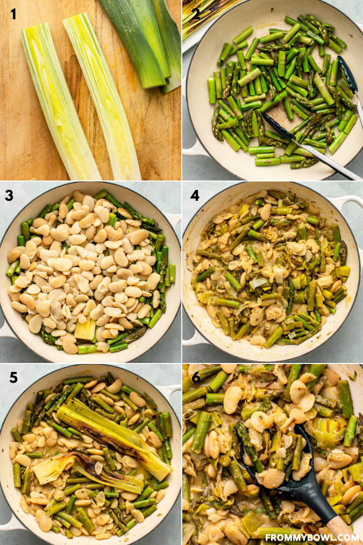 a grid of six images showcasing the below-described cooking process of braised asparagus with leek and butter beans