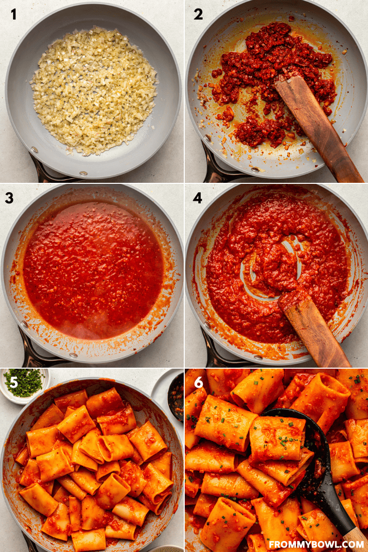 a grid of six images showing the below described cooking process of the pasta