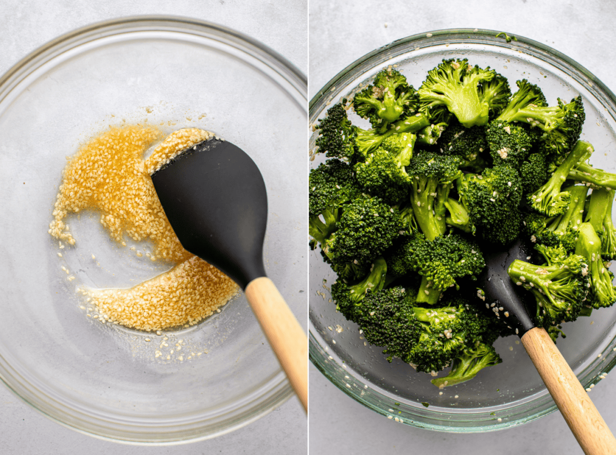 side-by-side images of the garlic sesame sauce and broccoli florets before they're baked in the owen