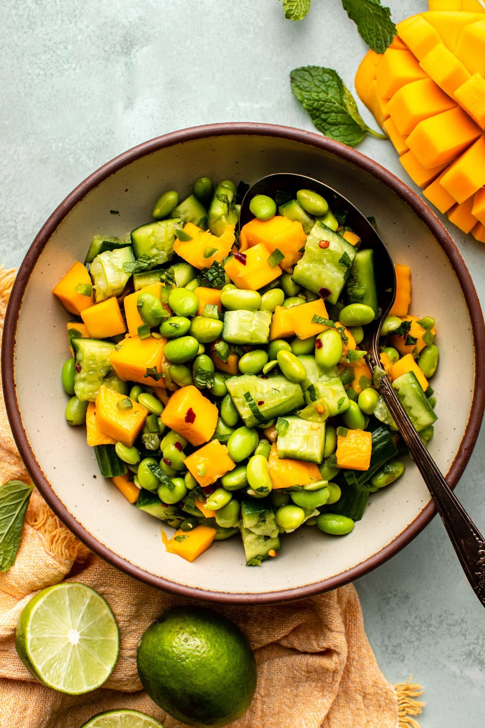 mango cucumber edamame salad served in a bowl with a spoon dug in